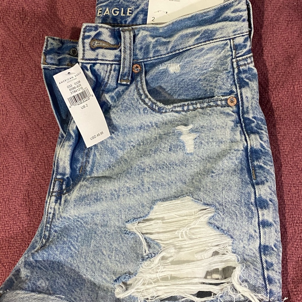 American Eagle distressed denim mom shorts